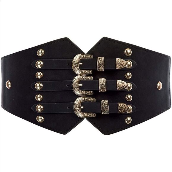 🎉HP🎉 Leather Triple Buckle Western Belt Corset Buckle Strap Belt - Picture 1 of 6